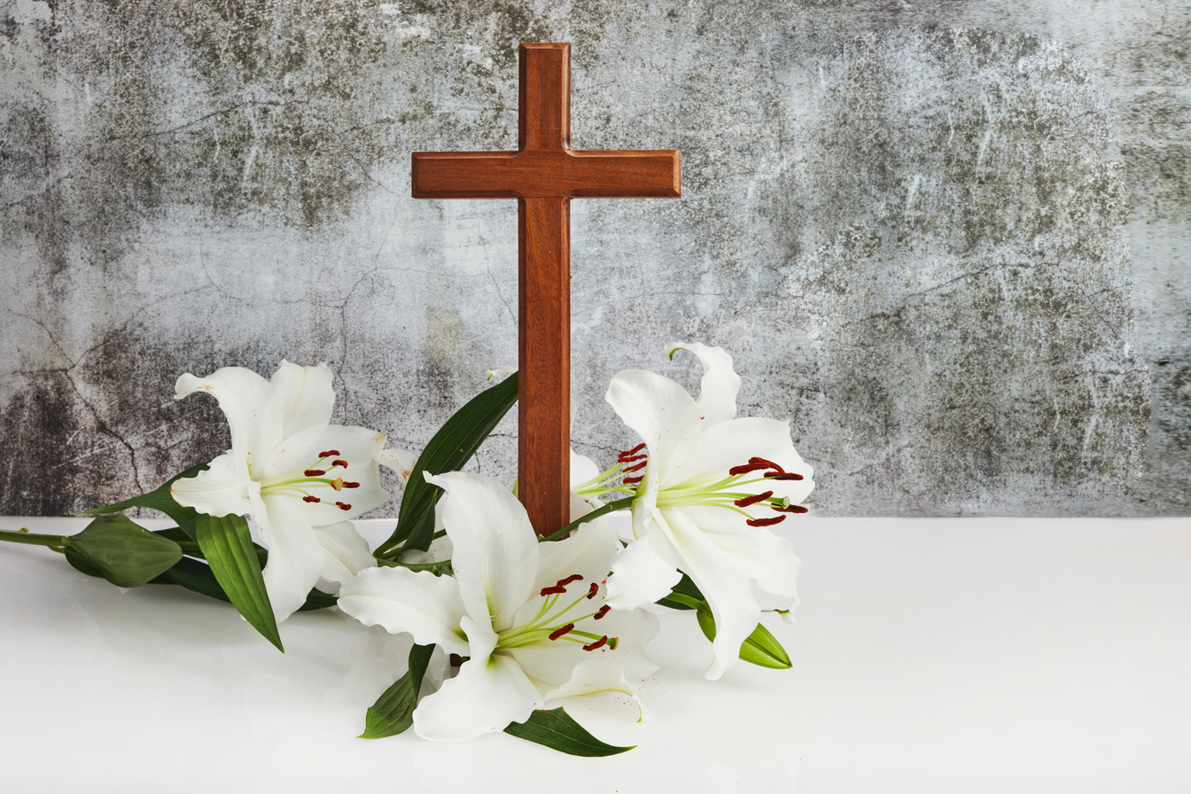 Cross with Lilies Isolated on Grey Background Easter, Baptism Card.